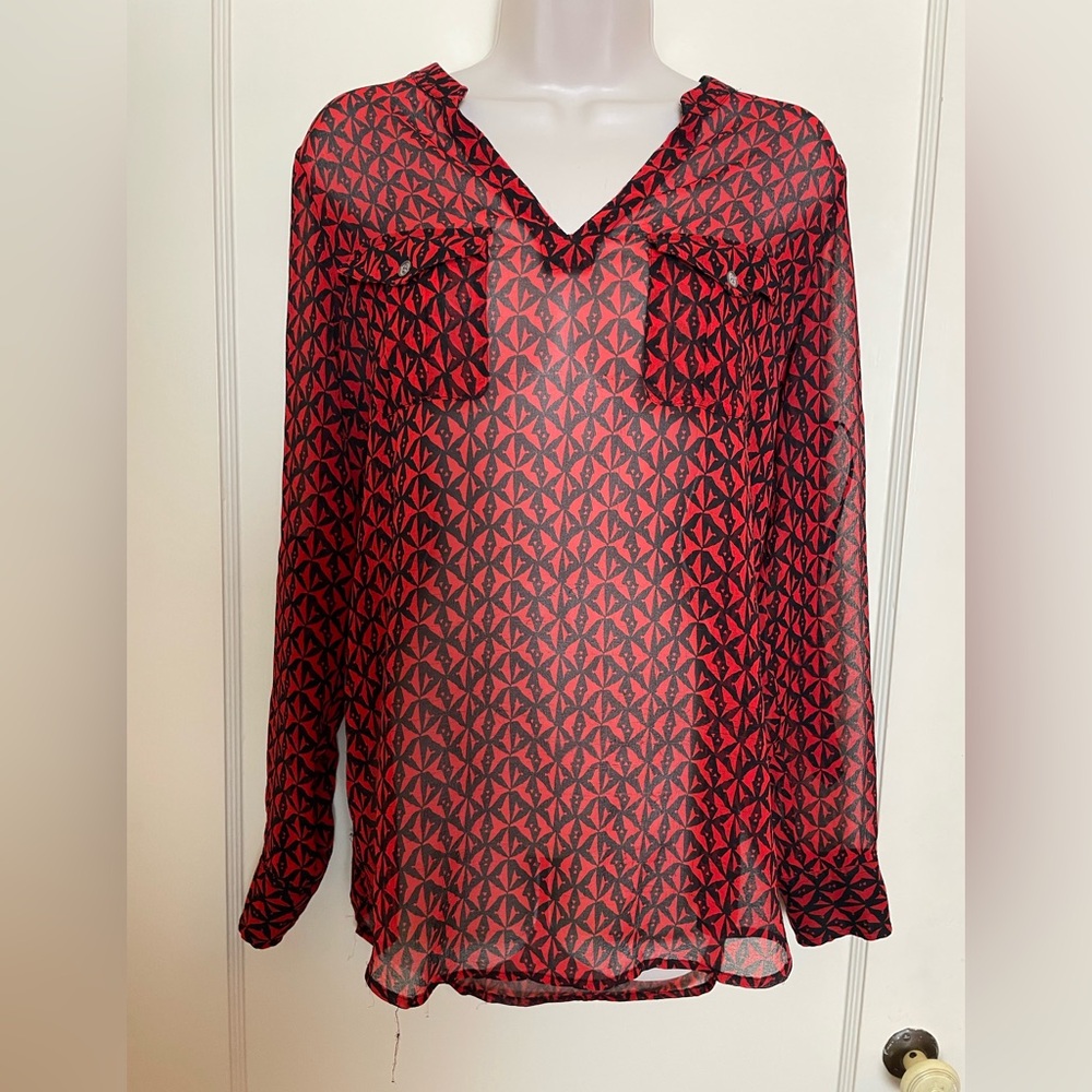 Two by Vince Camuto Long Sleeve Sheer Red and Black Geometric Blouse
